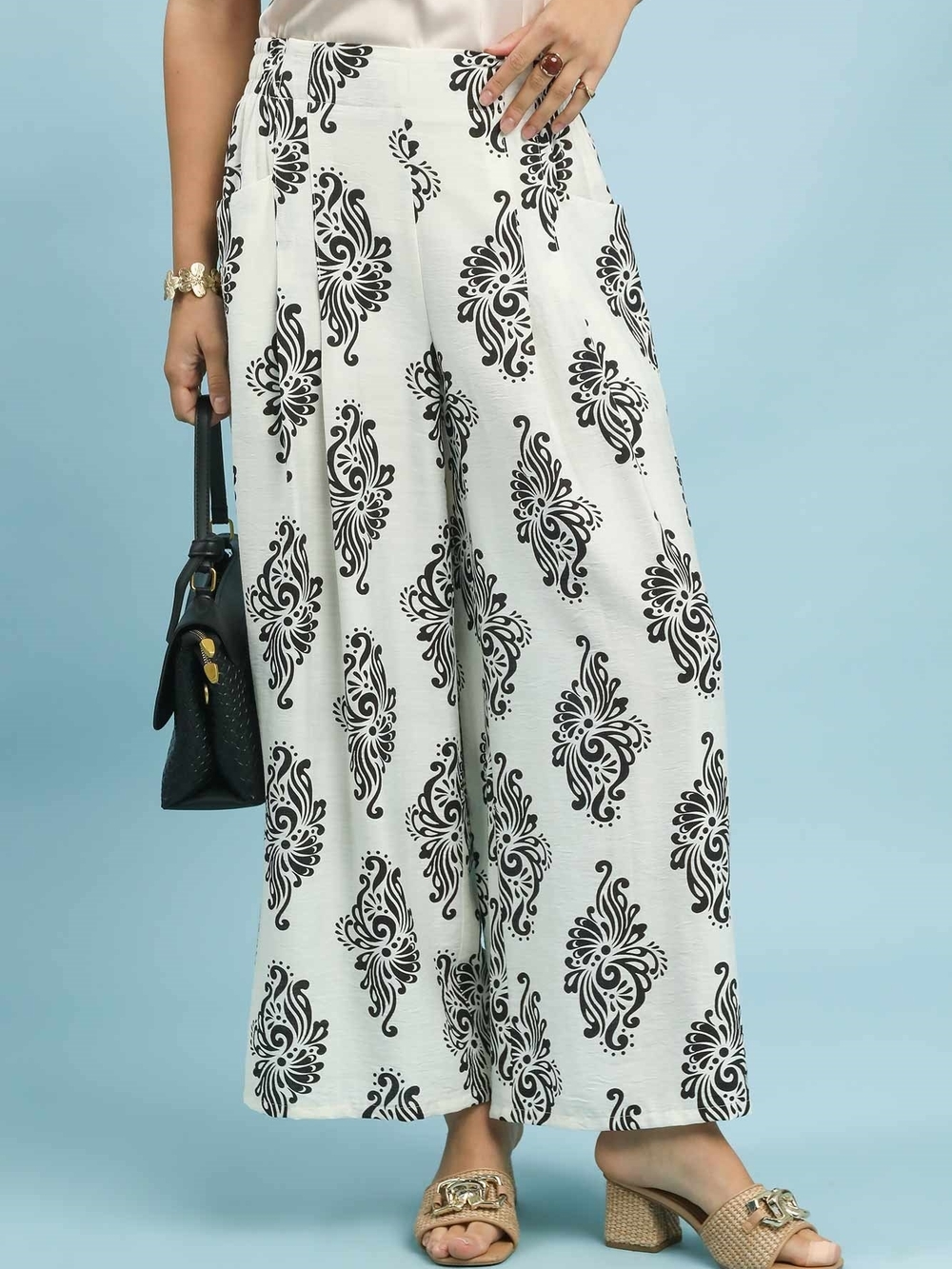 Umgee Black on White Wide-Leg Printed Palazzo Pants
